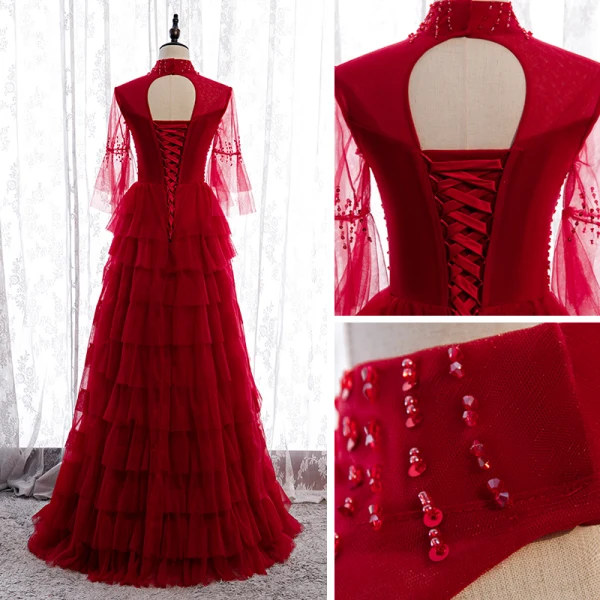 Vintage Rød Selskabskjoler 2020 Prinsesse Gennemsigtig Høj Hals Bell ærmer Beading Pailletter Lange Cascading Flæser Halterneck Kjoler