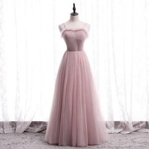 Modest Simple Blushing Pink Prom Dresses 2020 A Line Princess Spaghetti Straps Sleeveless Floor Length Long Ruffle Backless Formal Dresses