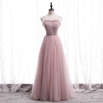 Simple Rougissant Rose Robe De Bal 2020 Princesse Bretelles Spaghetti Sans Manches Longue Volants Dos Nu Robe De Ceremonie