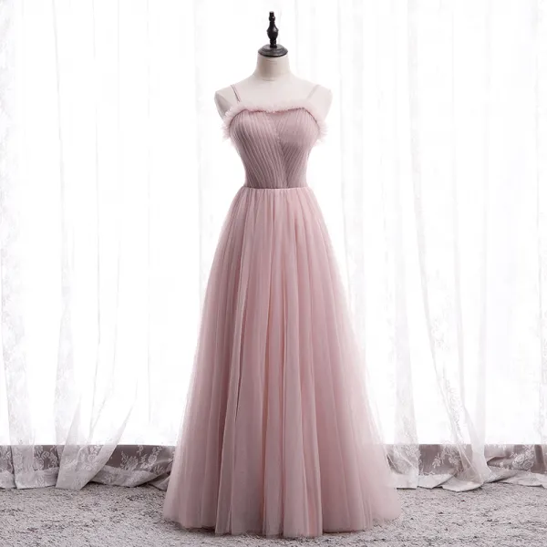Modest / Simple Blushing Pink Prom Dresses 2020 A-Line / Princess Spaghetti Straps Sleeveless Floor-Length / Long Ruffle Backless Formal Dresses
