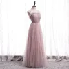 Modest / Simple Blushing Pink Prom Dresses 2020 A-Line / Princess Spaghetti Straps Sleeveless Floor-Length / Long Ruffle Backless Formal Dresses