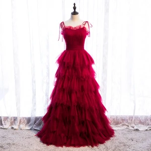 Modest Simple Burgundy Prom Dresses 2020 A Line Princess Spaghetti Straps Sleeveless Floor Length Long Cascading Ruffles Backless Formal Dresses
