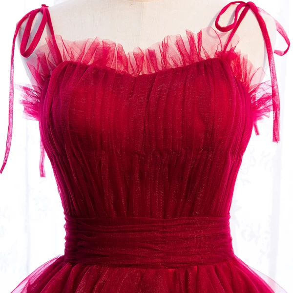 Modest / Simple Burgundy Prom Dresses 2020 A-Line / Princess Spaghetti Straps Sleeveless Floor-Length / Long Cascading Ruffles Backless Formal Dresses