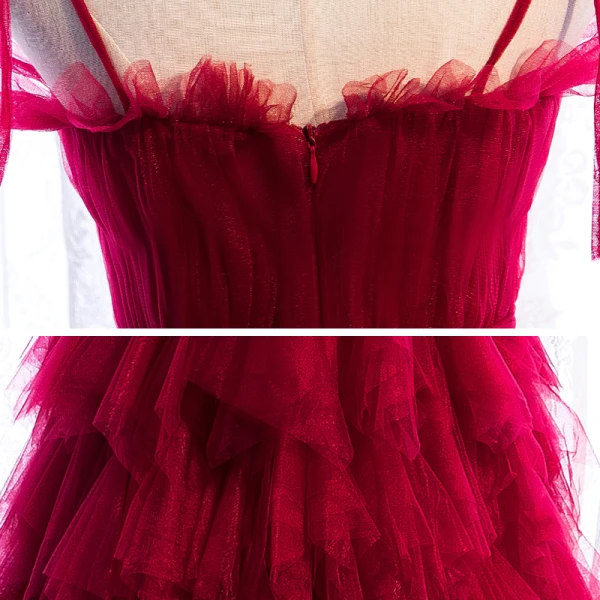 Modest / Simple Burgundy Prom Dresses 2020 A-Line / Princess Spaghetti Straps Sleeveless Floor-Length / Long Cascading Ruffles Backless Formal Dresses