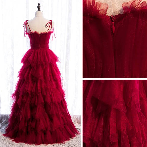 Modest / Simple Burgundy Prom Dresses 2020 A-Line / Princess Spaghetti Straps Sleeveless Floor-Length / Long Cascading Ruffles Backless Formal Dresses