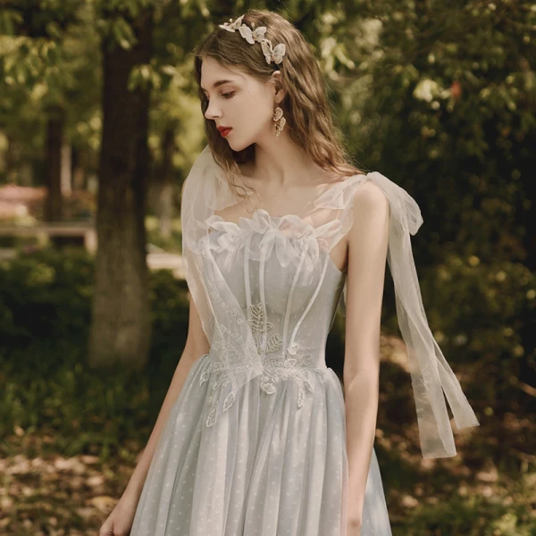 Elegant Grey Evening Dresses  2020 A-Line / Princess Off-The-Shoulder Short Sleeve Beading Spotted Tulle Floor-Length / Long Ruffle Backless Formal Dresses