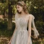 Elegant Grey Evening Dresses  2020 A-Line / Princess Off-The-Shoulder Short Sleeve Beading Spotted Tulle Floor-Length / Long Ruffle Backless Formal Dresses