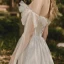 Elegant Grey Evening Dresses  2020 A-Line / Princess Off-The-Shoulder Short Sleeve Beading Spotted Tulle Floor-Length / Long Ruffle Backless Formal Dresses