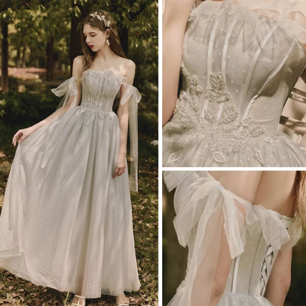 Elegant Grey Evening Dresses  2020 A-Line / Princess Off-The-Shoulder Short Sleeve Beading Spotted Tulle Floor-Length / Long Ruffle Backless Formal Dresses