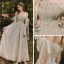 Elegant Grey Evening Dresses  2020 A-Line / Princess Off-The-Shoulder Short Sleeve Beading Spotted Tulle Floor-Length / Long Ruffle Backless Formal Dresses