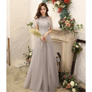 Chic Beautiful Grey Evening Dresses 2020 A Line Princess Scoop Neck Sleeveless Beading Floor Length Long Ruffle Backless Formal Dresses