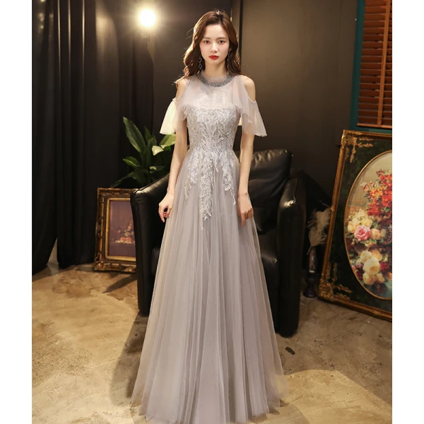 Chic / Beautiful Grey Evening Dresses  2020 A-Line / Princess Scoop Neck Sleeveless Beading Floor-Length / Long Ruffle Backless Formal Dresses