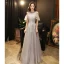 Chic / Beautiful Grey Evening Dresses  2020 A-Line / Princess Scoop Neck Sleeveless Beading Floor-Length / Long Ruffle Backless Formal Dresses