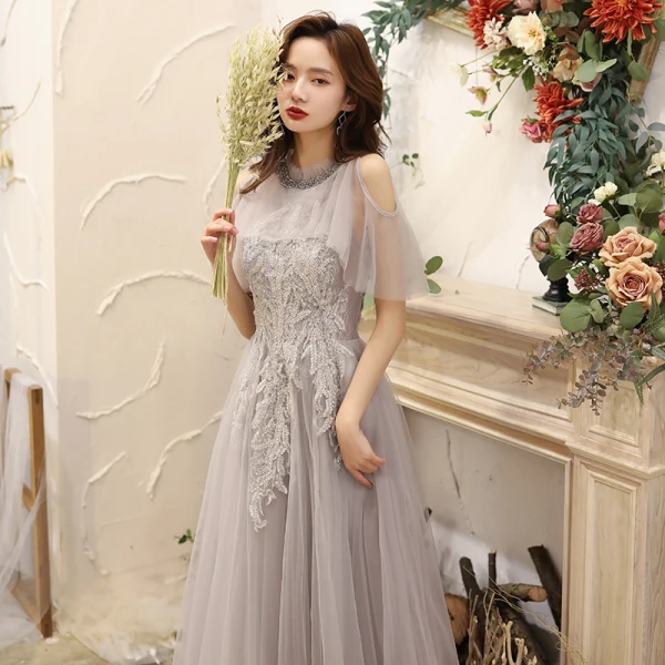 Chic / Beautiful Grey Evening Dresses  2020 A-Line / Princess Scoop Neck Sleeveless Beading Floor-Length / Long Ruffle Backless Formal Dresses