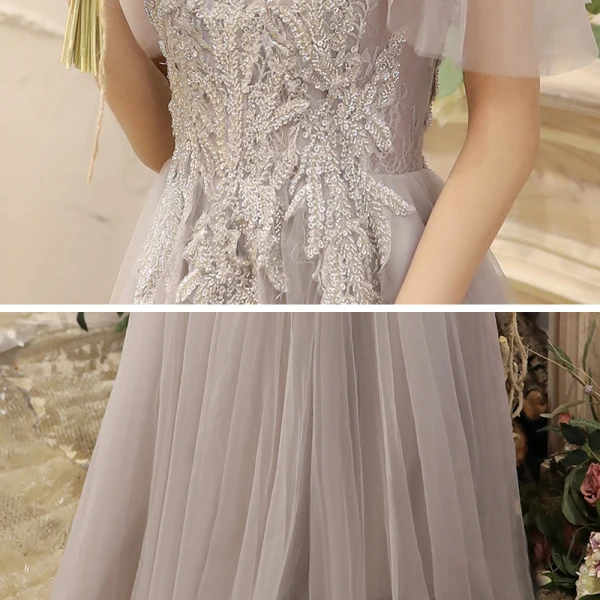Chic / Beautiful Grey Evening Dresses  2020 A-Line / Princess Scoop Neck Sleeveless Beading Floor-Length / Long Ruffle Backless Formal Dresses