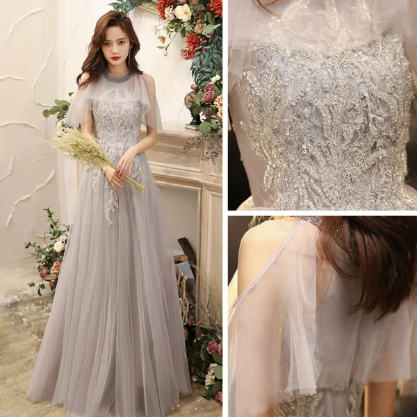 Chic / Beautiful Grey Evening Dresses  2020 A-Line / Princess Scoop Neck Sleeveless Beading Floor-Length / Long Ruffle Backless Formal Dresses