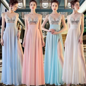 Sexy Chiffon Selskapskjoler 2020 Prinsesse Gjennomsiktig V Hals Uten Ermer Paljetter Fendue Devant Lange Buste Ryggløse Formelle Kjoler