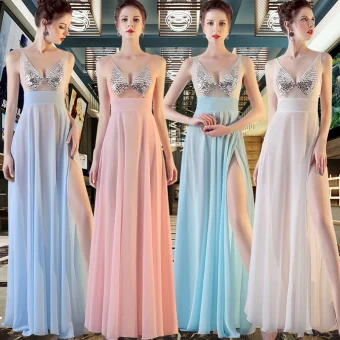 Sexy Chiffon Evening Dresses 2020 A Line Princess See Through V Neck Sleeveless Sequins Split Front Floor Length Long Ruffle Backless Formal Dresses