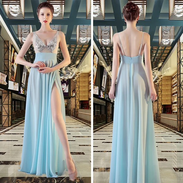 Sexy Chiffon Abendkleider 2020 A Linie Durchsichtige V-Ausschnitt Ärmellos Pailletten Gespaltete Front Lange Rüschen Rückenfreies Festliche Kleider