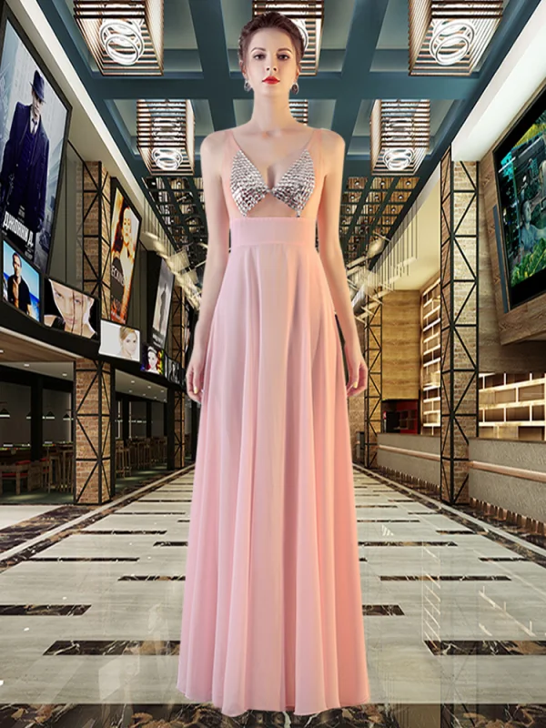 Sexy Chiffon Abendkleider 2020 A Linie Durchsichtige V-Ausschnitt Ärmellos Pailletten Gespaltete Front Lange Rüschen Rückenfreies Festliche Kleider