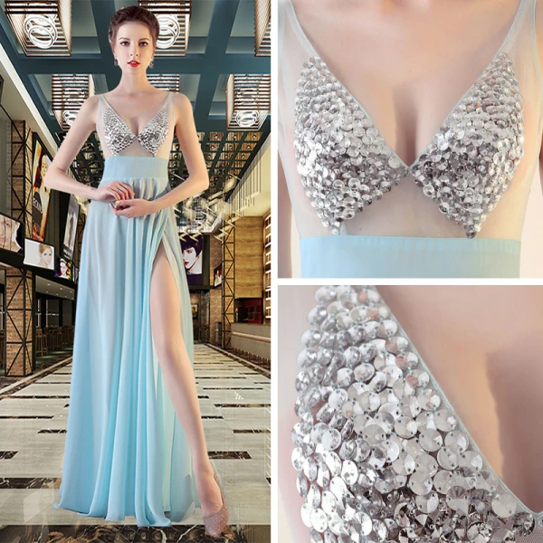 Sexy Chiffon Abendkleider 2020 A Linie Durchsichtige V-Ausschnitt Ärmellos Pailletten Gespaltete Front Lange Rüschen Rückenfreies Festliche Kleider