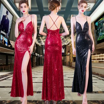 Sexy Paillettes Robe De Soirée 2020 Trompette Sirène Bretelles Spaghetti Sans Manches Fendue Devant Longue Dos Nu Robe De Ceremonie