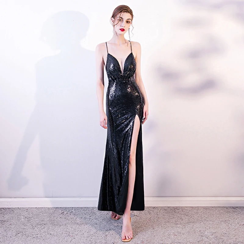Sexy Sequins Evening Dresses 2020 Trumpet Mermaid Spaghetti Straps  Sleeveless Split Front Floor Length Long Backless Formal Dresses