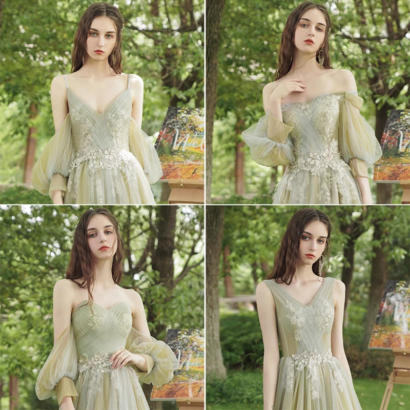 Elegant Salvie Grønn Brudepikekjoler 2020 Prinsesse Appliques Blonder Ryggløse Lange Buste