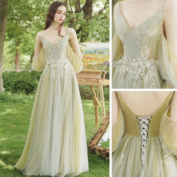 Elegant Sage Green Bridesmaid Dresses 2020 A-Line Princess Appliques Lace Backless Long Elegant Sage Green Bridesmaid Dresses 2020 A-Line Princess Appliques Lace Backless Long