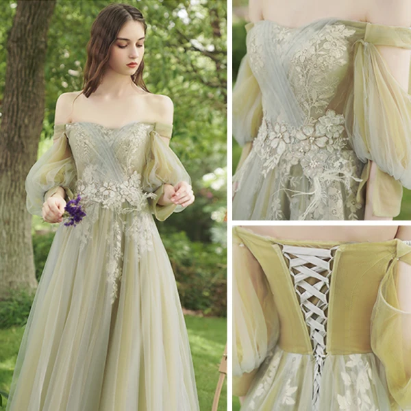 Élégant Vert Cendré Robe Demoiselle D'honneur 2020 Princesse Appliques En Dentelle Dos Nu Longue Volants