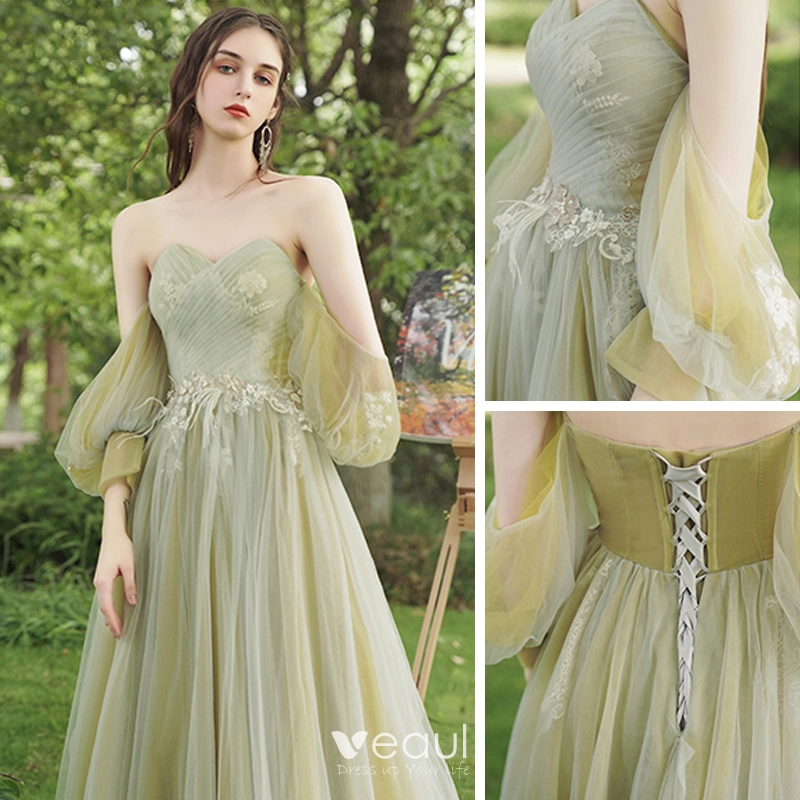 Elegant Sage Green Bridesmaid Dresses 2020 A-Line / Princess Appliques ...
