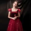 Vintage / Retro Burgundy Evening Dresses  2020 A-Line / Princess Square Neckline Short Sleeve Glitter Tulle Floor-Length / Long Ruffle Backless Formal Dresses