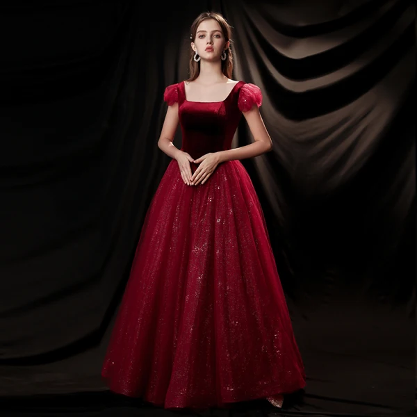 Vintage / Retro Burgundy Evening Dresses  2020 A-Line / Princess Square Neckline Short Sleeve Glitter Tulle Floor-Length / Long Ruffle Backless Formal Dresses