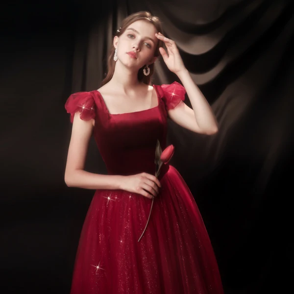 Vintage / Retro Burgundy Evening Dresses  2020 A-Line / Princess Square Neckline Short Sleeve Glitter Tulle Floor-Length / Long Ruffle Backless Formal Dresses