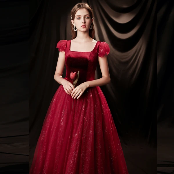 Vintage / Retro Burgundy Evening Dresses  2020 A-Line / Princess Square Neckline Short Sleeve Glitter Tulle Floor-Length / Long Ruffle Backless Formal Dresses
