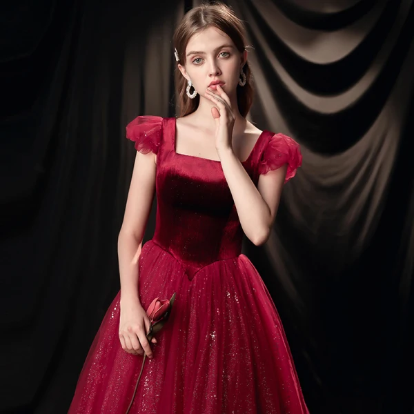 Vintage / Retro Burgundy Evening Dresses  2020 A-Line / Princess Square Neckline Short Sleeve Glitter Tulle Floor-Length / Long Ruffle Backless Formal Dresses