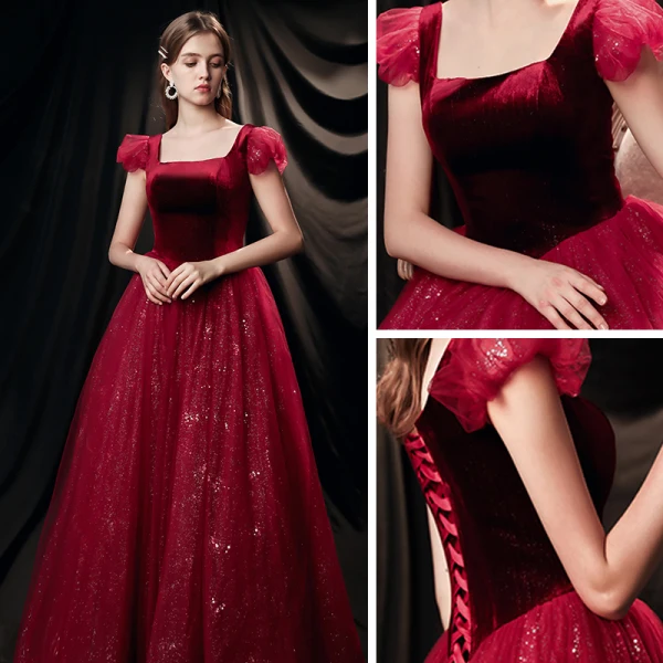 Vintage / Retro Burgundy Evening Dresses  2020 A-Line / Princess Square Neckline Short Sleeve Glitter Tulle Floor-Length / Long Ruffle Backless Formal Dresses