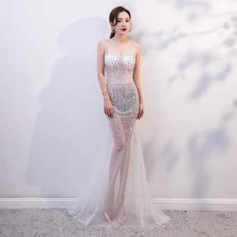Transparent White See Through Evening Dresses 2020 Trumpet Mermaid Spaghetti Straps Sleeveless Rhinestone Beading Sweep Train Backless Formal Dresses