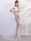 Transparent Blanche Transparentes Robe De Soirée 2020 Trompette / Sirène Bretelles Spaghetti Sans Manches Faux Diamant Perlage Train De Balayage Dos Nu Robe De Ceremonie