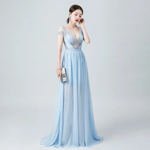 Sexy Bleu Ciel Chiffon Transparentes Robe De Soirée 2020 Princesse Col V Profond Manches Courtes Perlage Longue Volants Dos Nu Robe De Ceremonie
