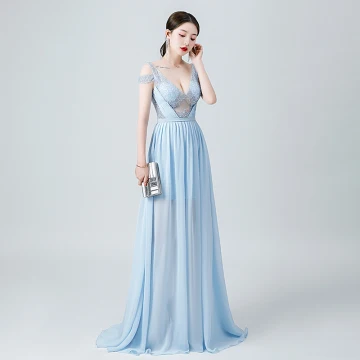 Sexy Sky Blue Chiffon See Through Evening Dresses 2020 A Line Princess Deep V Neck Short Sleeve Beading Floor Length Long Ruffle Backless Formal Dresses