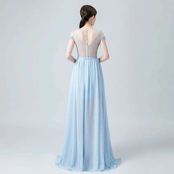 Sexy Himmelblau Chiffon Durchsichtige Abendkleider 2020 A Linie Tiefer V-Ausschnitt Kurze Ärmel Perlenstickerei Lange Rüschen Rückenfreies Festliche Kleider
