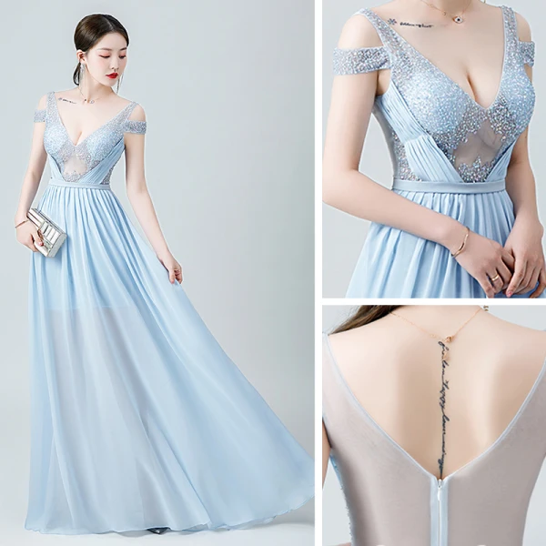 Sexy Himmelblau Chiffon Durchsichtige Abendkleider 2020 A Linie Tiefer V-Ausschnitt Kurze Ärmel Perlenstickerei Lange Rüschen Rückenfreies Festliche Kleider