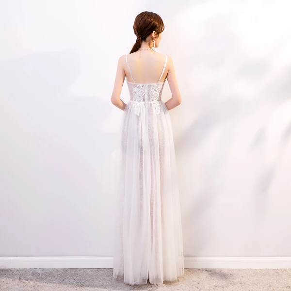 Sexy White Evening Dresses  2020 Sheath / Fit Spaghetti Straps Sleeveless Appliques Lace Rhinestone Split Front Floor-Length / Long Ruffle Backless Formal Dresses