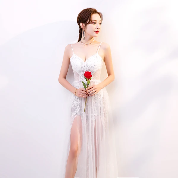 Sexy White Evening Dresses  2020 Sheath / Fit Spaghetti Straps Sleeveless Appliques Lace Rhinestone Split Front Floor-Length / Long Ruffle Backless Formal Dresses