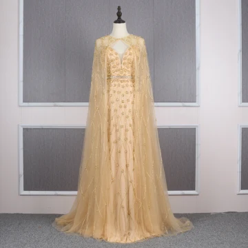 High End Gold Evening Dresses With Shawl 2020 Trumpet Mermaid Spaghetti Straps Sleeveless Handmade Beading Sweep Train Ruffle Backless Formal Dresses