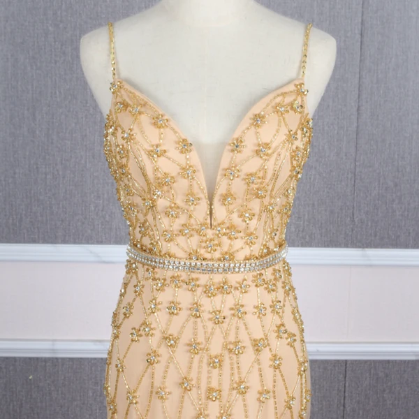 High-end Gold Evening Dresses  With Shawl 2020 Trumpet / Mermaid Spaghetti Straps Sleeveless Handmade  Beading Sweep Train Ruffle Backless Formal Dresses