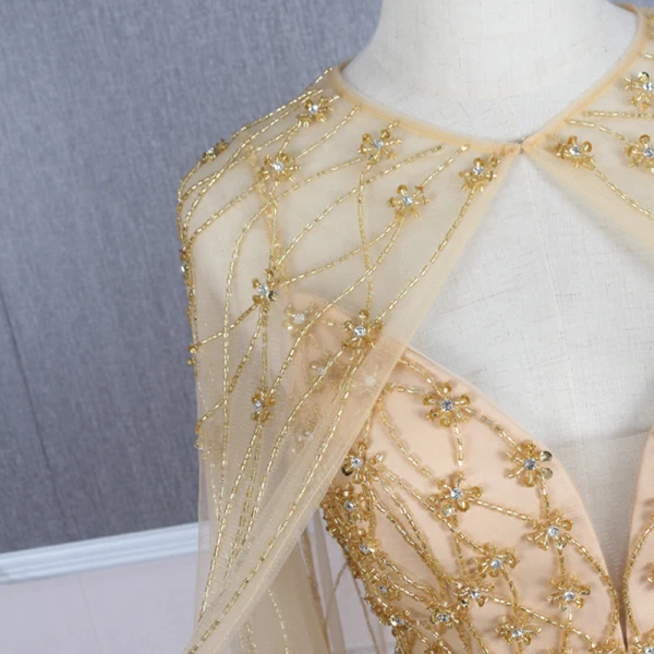 High-end Gold Evening Dresses  With Shawl 2020 Trumpet / Mermaid Spaghetti Straps Sleeveless Handmade  Beading Sweep Train Ruffle Backless Formal Dresses