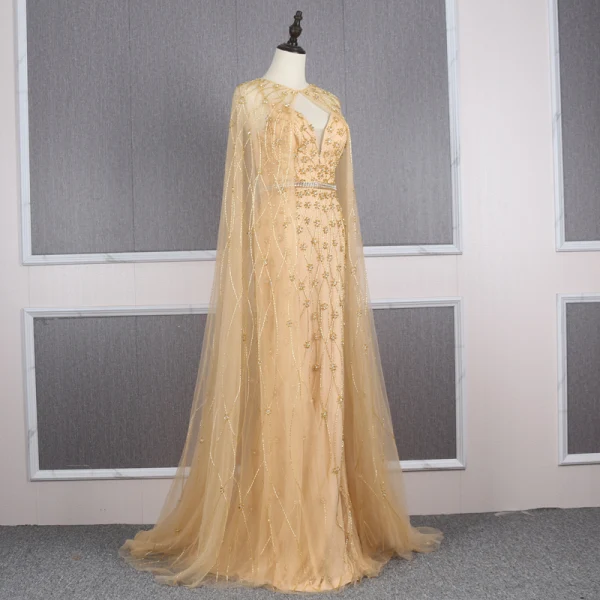 High-end Gold Evening Dresses  With Shawl 2020 Trumpet / Mermaid Spaghetti Straps Sleeveless Handmade  Beading Sweep Train Ruffle Backless Formal Dresses