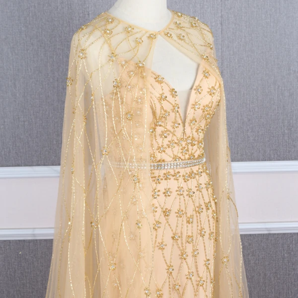 High-end Gold Evening Dresses  With Shawl 2020 Trumpet / Mermaid Spaghetti Straps Sleeveless Handmade  Beading Sweep Train Ruffle Backless Formal Dresses